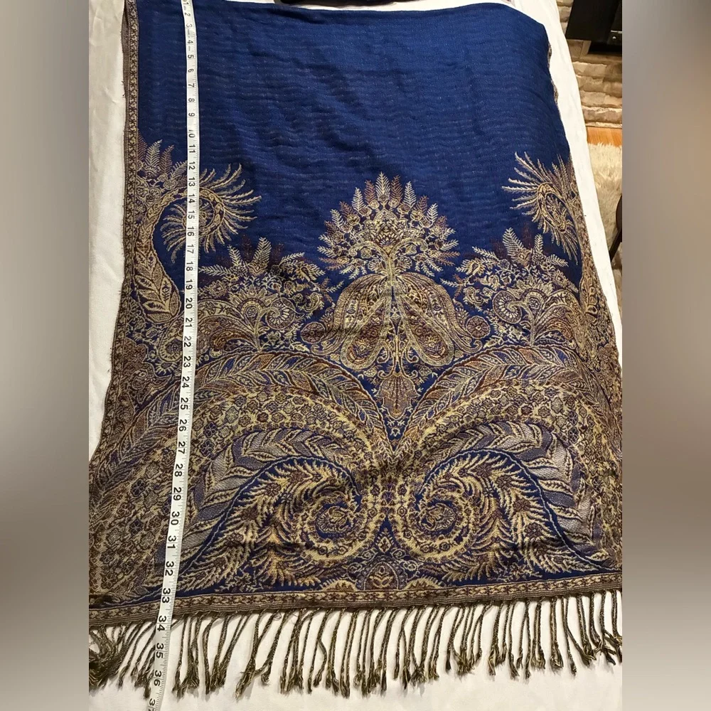 Blue and Gold Paisley Shawl Reversible With About 12” Sewn Down Side For Options